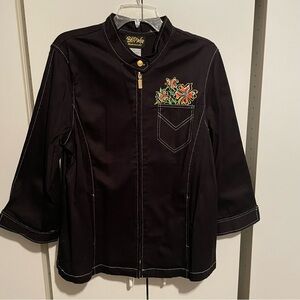 Bob Mackie Black Jacket with Gold Hardware and Colorful Floral Embroidery
